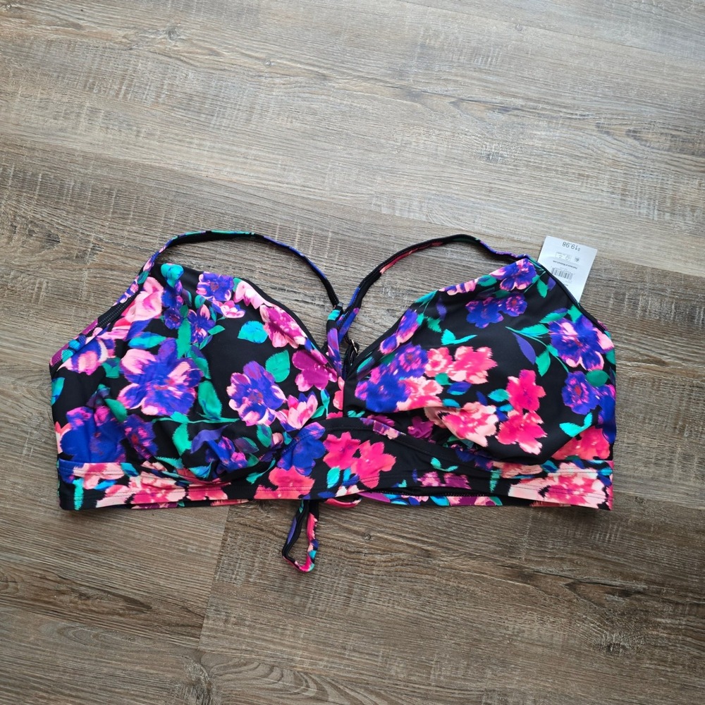 Time and Tru Womens Plus Floral Mix & Match Bikini Swim Top Black Pink Size 3X
